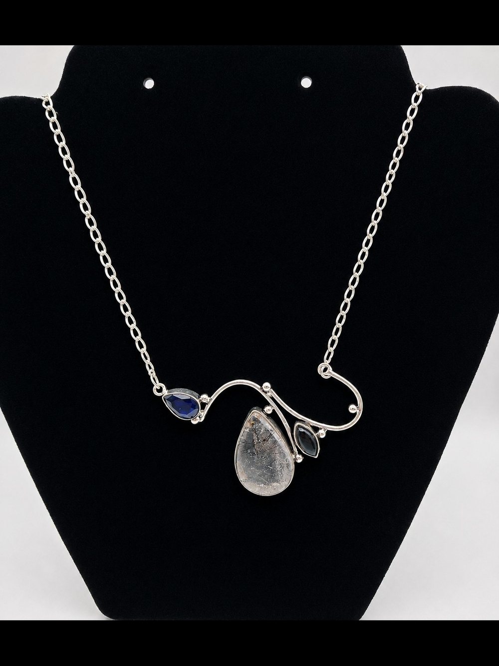 Handmade Silver Rutile Quartz & Tanzanite Statement Necklace